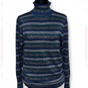 WORTHINGTON Sparkly Striped Blue & Silver Turtleneck Top-Sweater L, Long Sleeves